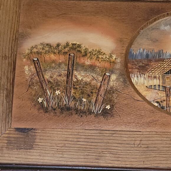 Vtg 70 Rustic Carved Framed Cabin Farmhouse Landscape Artist Signed Oil Painting - Picture 4 of 8